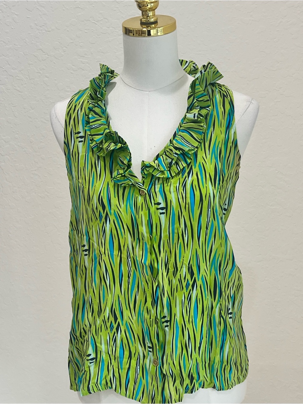 Lilly Pulitzer Lime & Aqua Ruffle-Trim Sleeveless Blouse